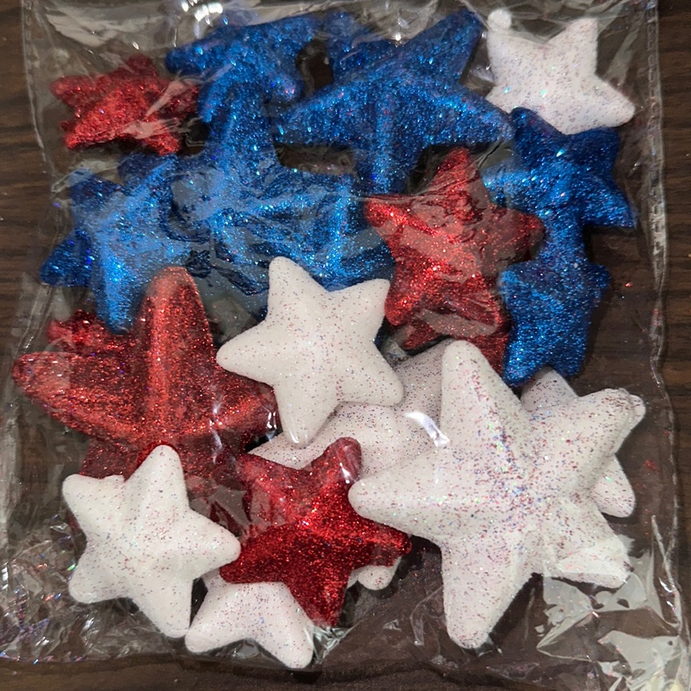 Scatter foam glitter stars. Red, white and blue decor.